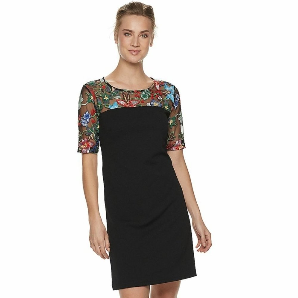 NEW NINA LEONARD EMBROIDERED LACE YOKE DRESS